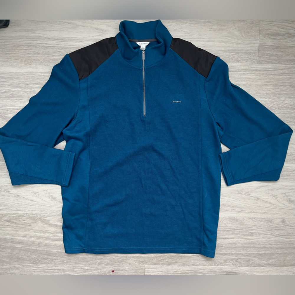 Calvin Klein Men’s XL Blue Teal Quarter Zip Pullover Sweater Black Trim